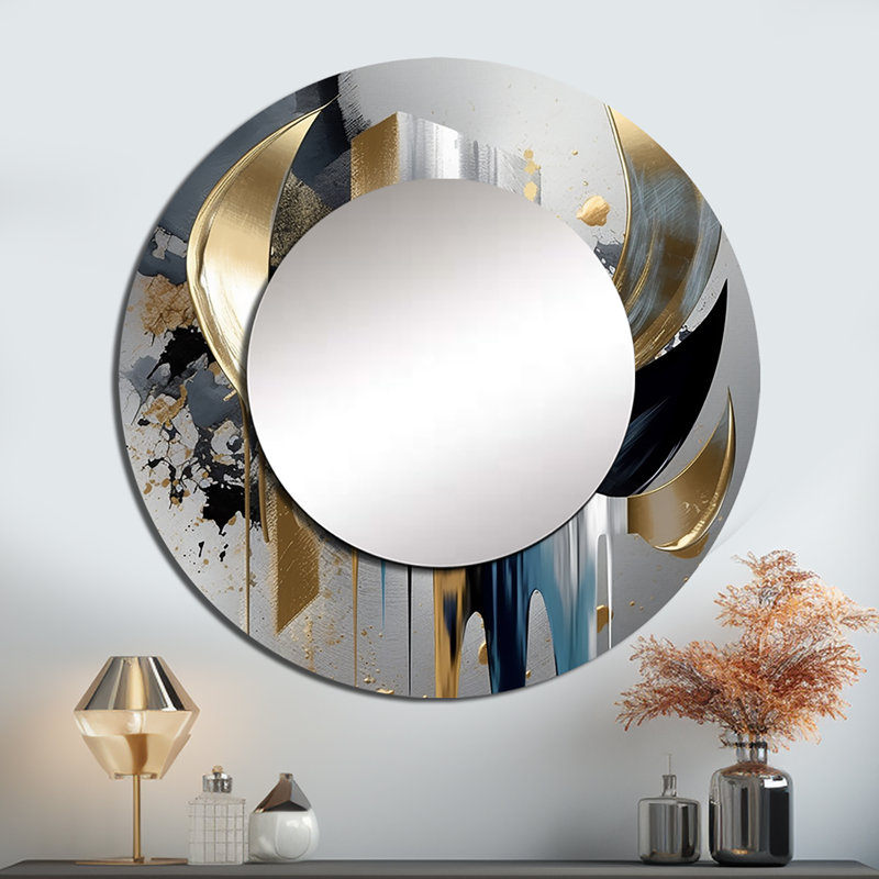 Perviz, formes abstraites et lignes I - miroir unique en marbre, grand miroir mural rond doré, impression d'art en métal
