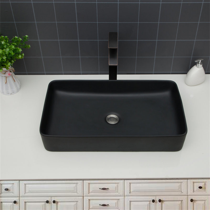 24"X13.5" Black Ceramic Rectangular Vessel Bathroom Sink