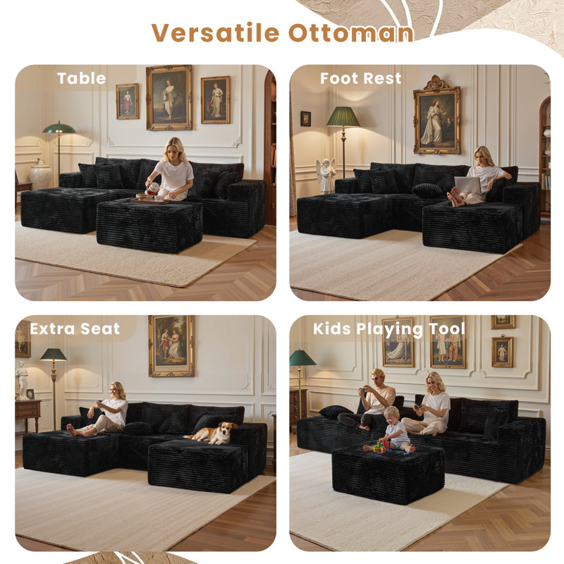 Canapé modulaire rembourré en os avec méridienne en forme de L avec repose-pieds 108 po Boneless, Noir