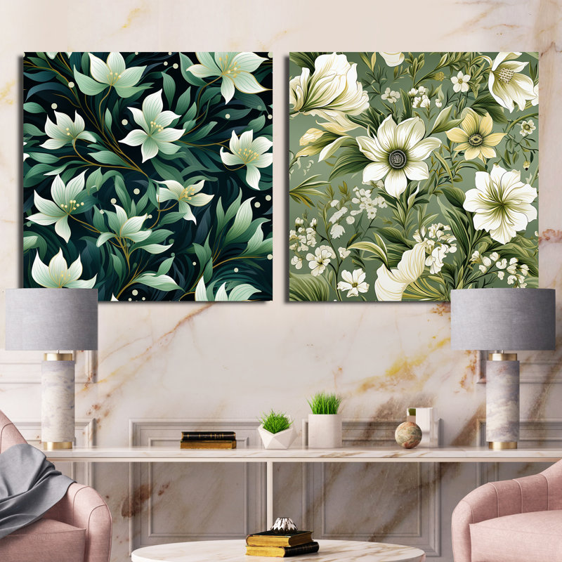 Langelier - Ensemble de 2 collages carrés floraux, Toile tendue, H 30 po x l 61 po