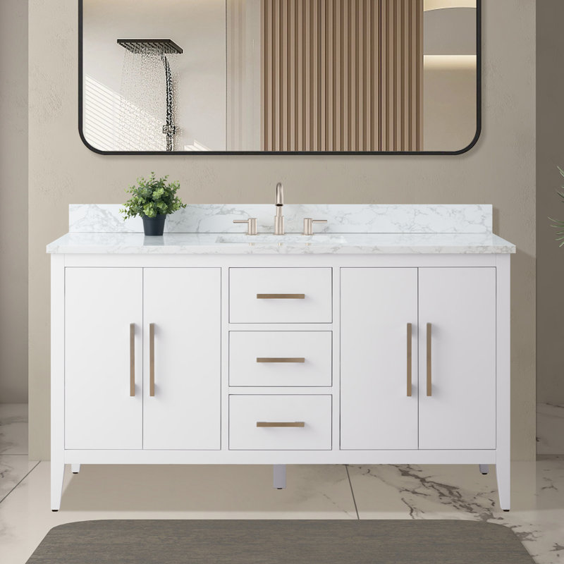 Meuble-lavabo simple 60 po avec plateau en marbre Chambery, Blanc, Nickel brossé