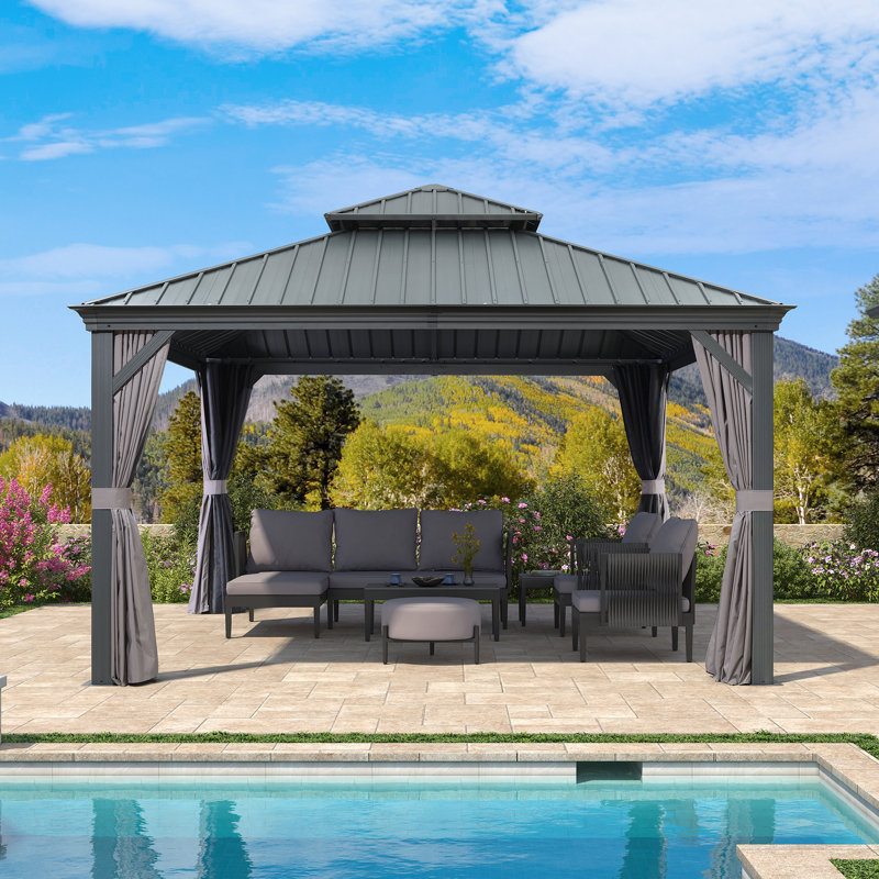 Pavillon de jardin permanent en aluminium avec toit double en acier galvanisé à toit rigide de 13 pi x 13 pi pourpre pour terrasse et jardin, rideaux et filet inclus, gris