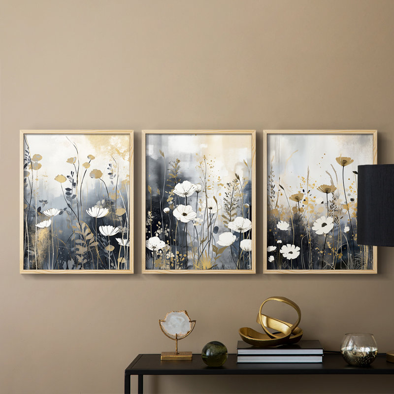 Étude florale série Cxxxxi - ensemble de 3 estampes giclées encadrées - prêt à, Encadré naturel, H 20 po x l 16 po
