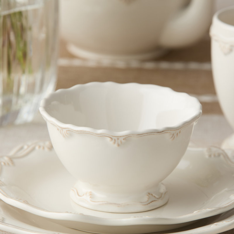 Heritage Scroll Set of 4 Cereal Bowls – 16 oz Stoneware Bowls with Sculpted Pedestal Base & Embossed Scroll Rim – Elegant Ivory Glaze – Classic Style for Breakfast, Soup & More
