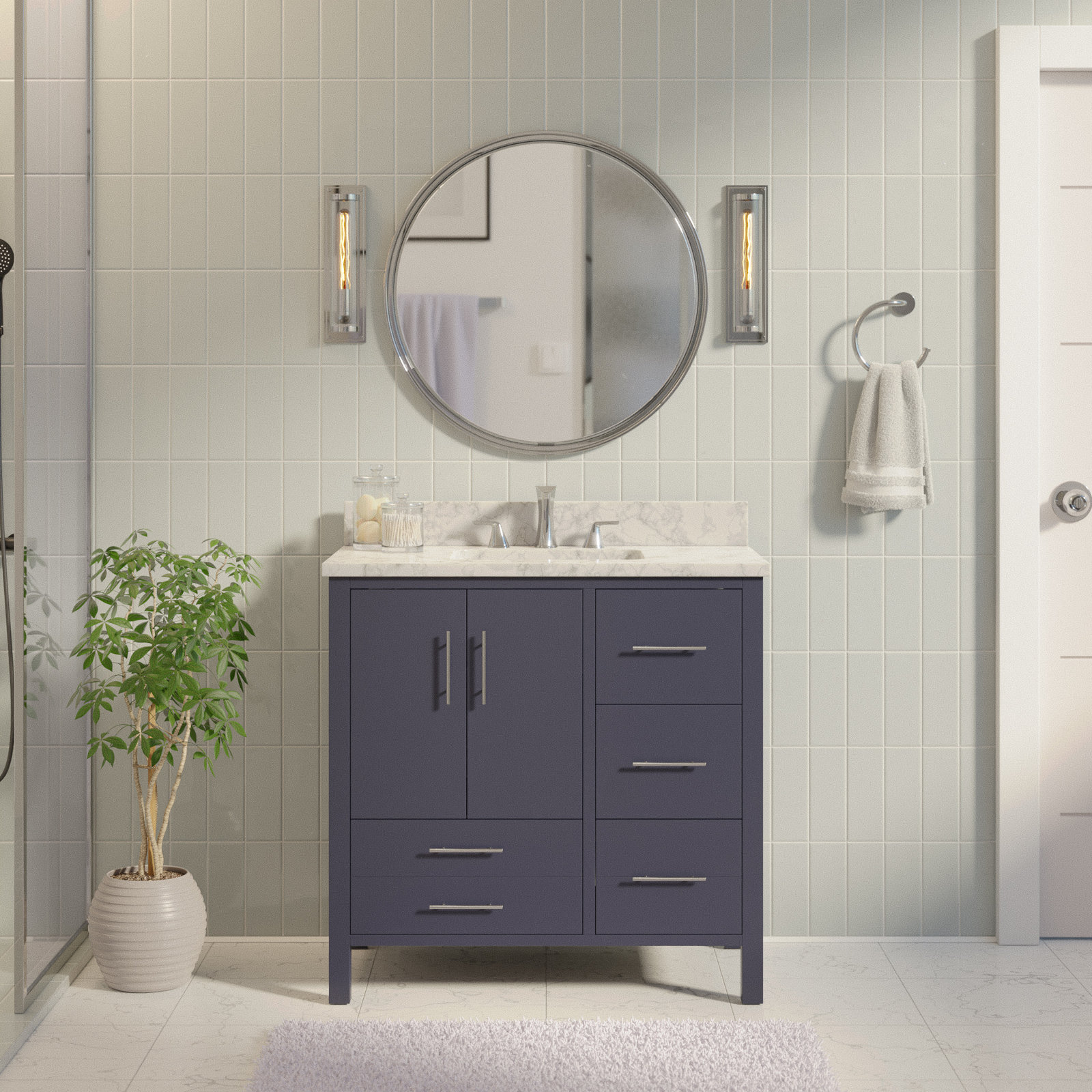 Kiara 36'' Single Bathroom Vanity, Marine Gray, Carrara Marble