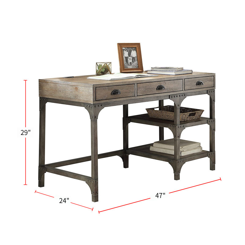 Weathered Oak and Antique Silver Industrial Writing Desk with Drawers