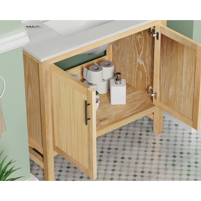 Meuble-lavabo simple 36 po Blunt avec comptoir en quartz, lavabo et dosseret. Placage de bois de teck. Pré-assemblage, 36"