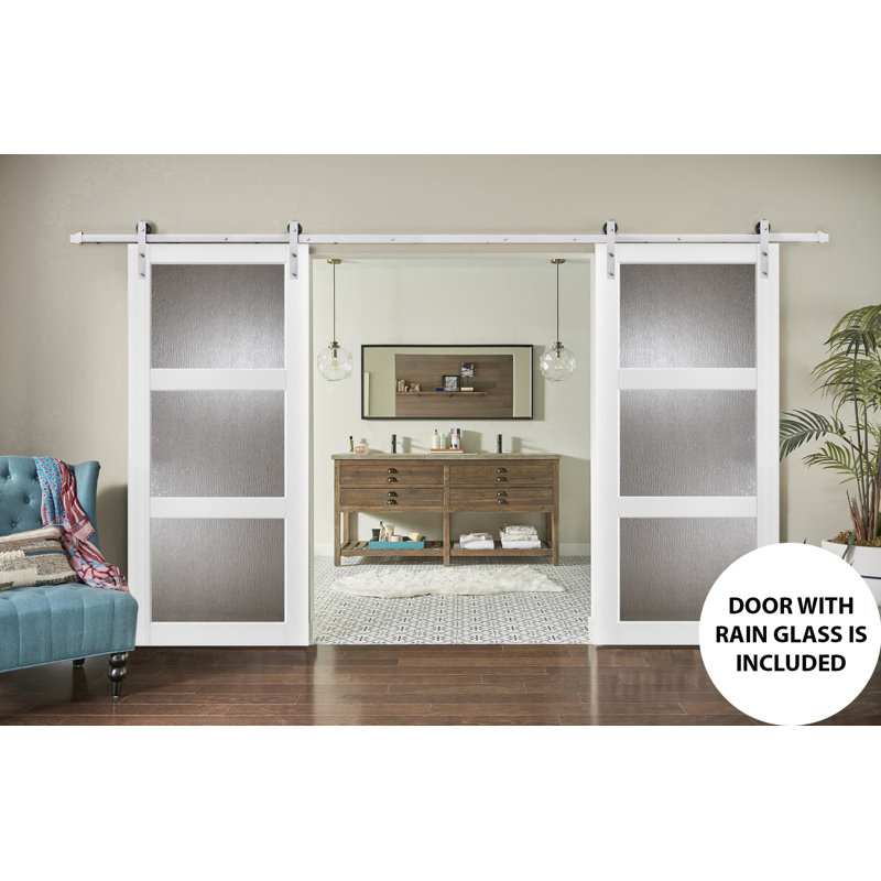 Lucia Frosted Glass Wood Sturdy Interior Barn Doors with Installation Hardware Kit, Silver, 36" x 96"