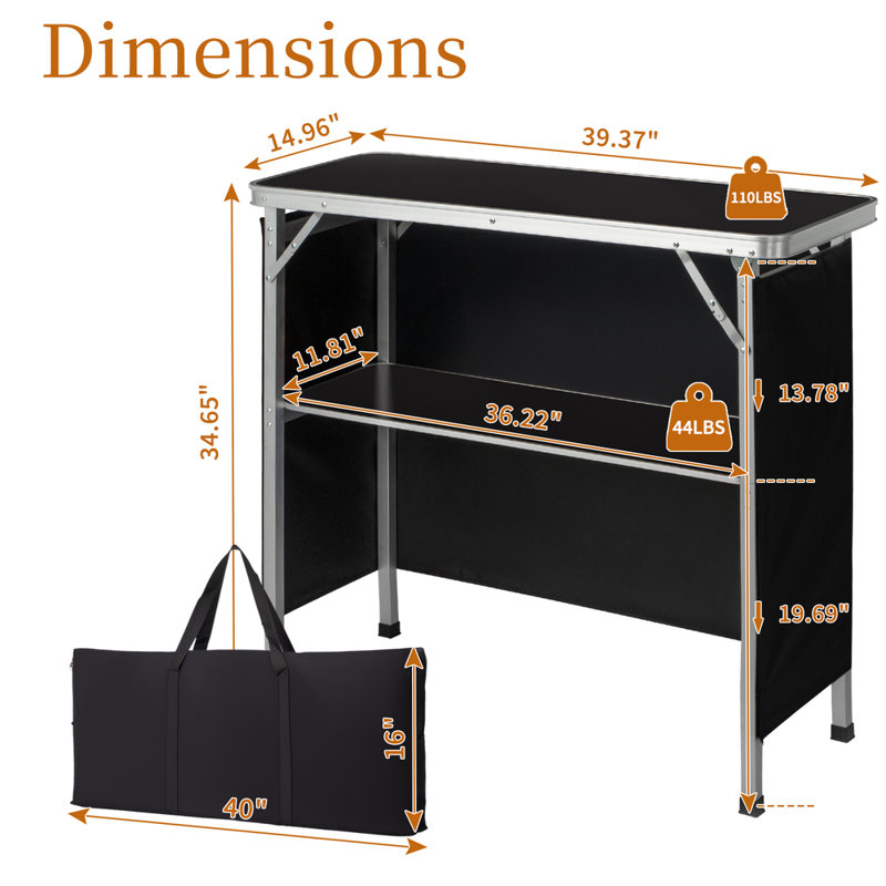 Table de bar pliante portative noire avec tablette: Podium professionnel pour événements et fêtes