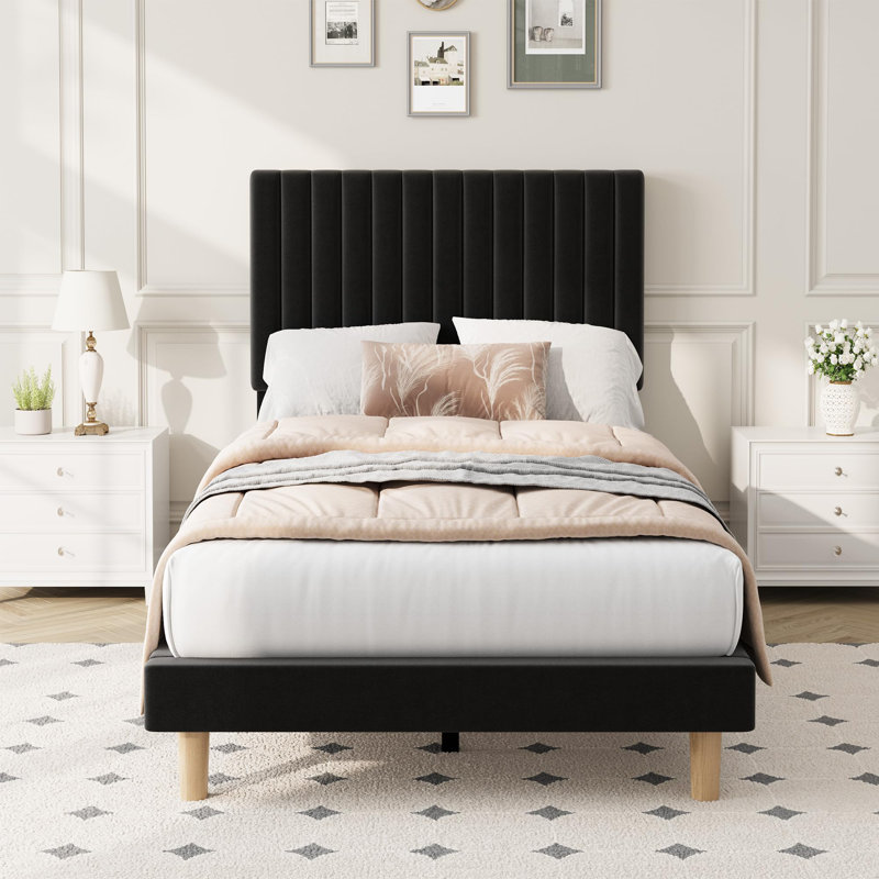 Twin Size Velvet Upholstered Platform Bed Frame with Adjustable Headboard, No Box Spring Required, Easy Assembly, Black, Twin