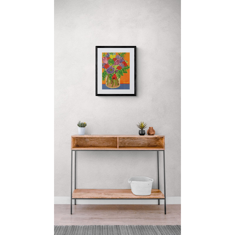 Flowers On Orange Print by Sue Graef, Black Framed Paper, 20" H x 16" W