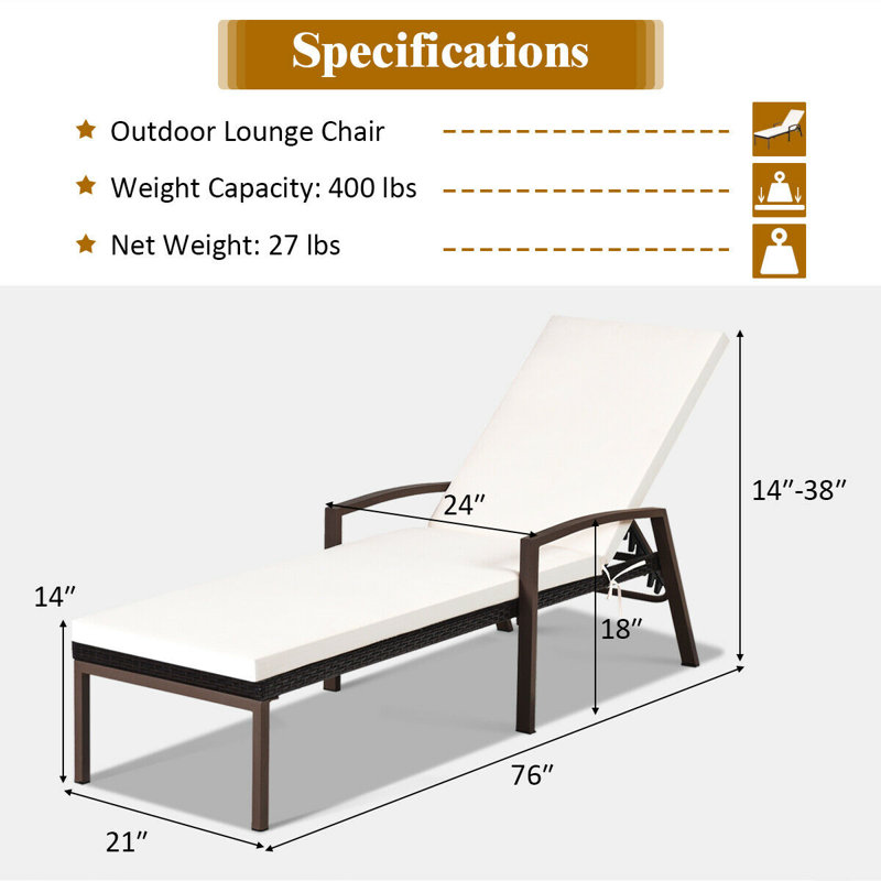 White Steel and Rattan Outdoor Chaise Lounge Set with Cushions