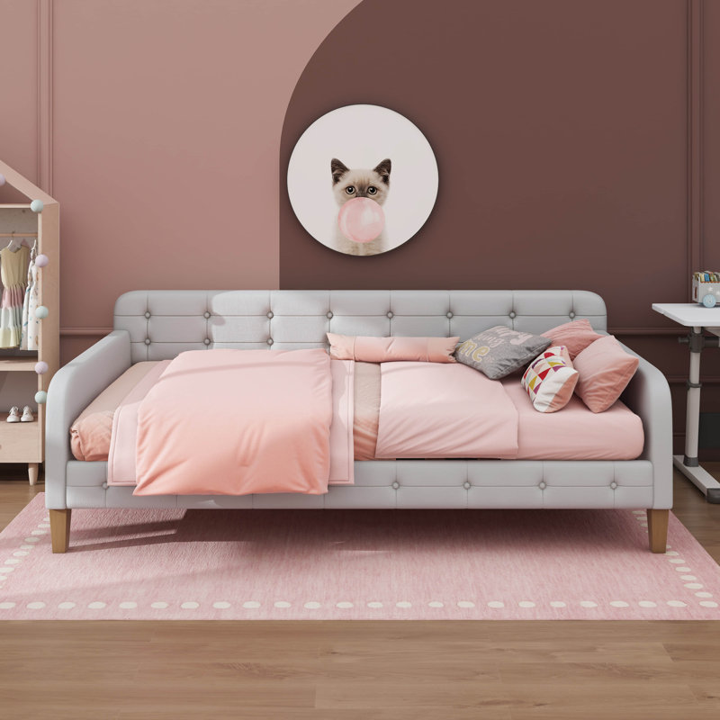 Daybed Wrapped In Fabric Upholstery And Resting On Robust Legs, Beige, Full/Double