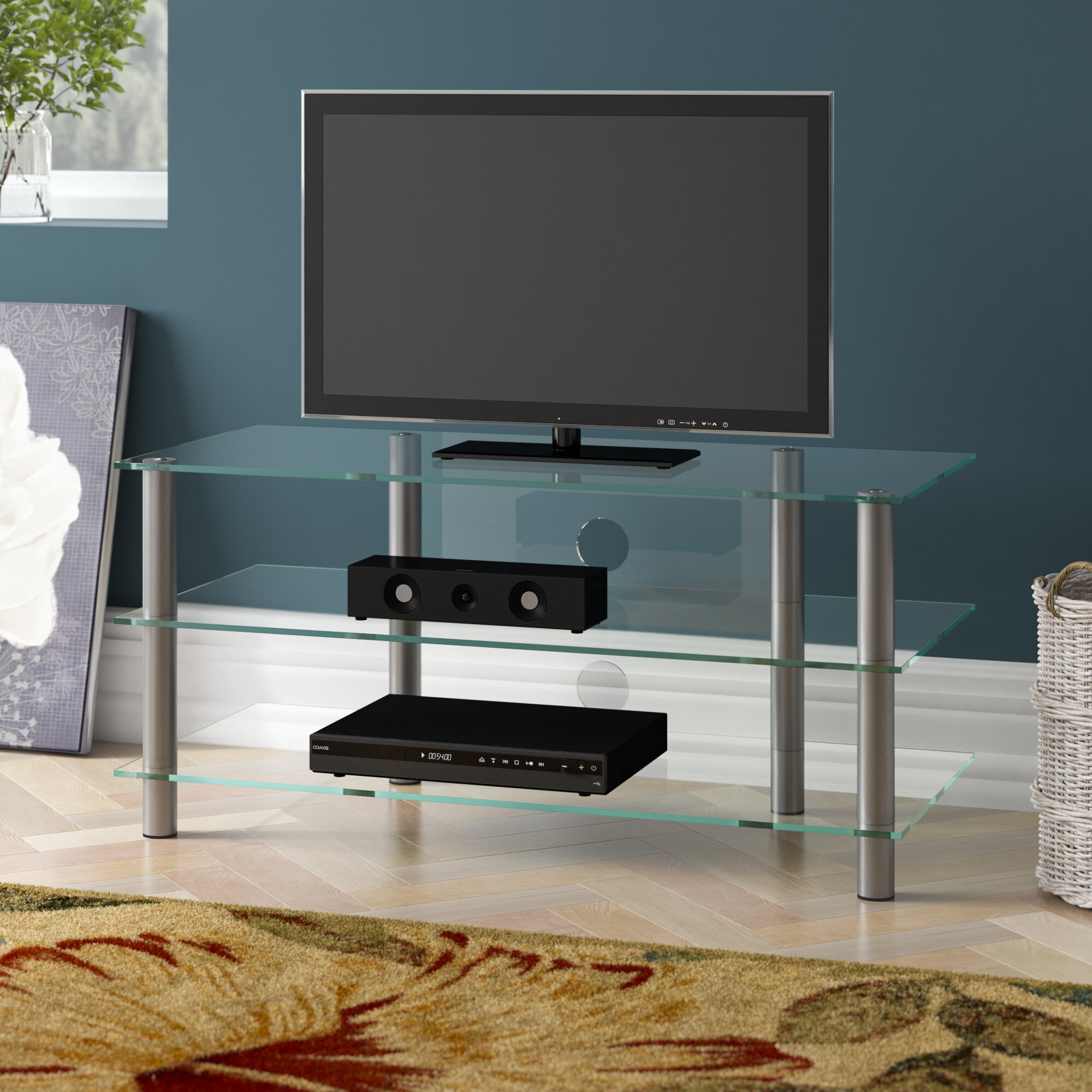 Glass tv stand on sale on wheels