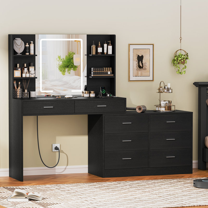 Bureau de maquillage pour meuble-lavabo avec miroir lumineux à DEL et prise de courant, 8 tiroirs, 6 tablettes de rangement, 3 modes de couleurs et coiffeuse à luminosité réglable, meuble-lavabo de coin, changement de forme en L, bureau de 39,4 po