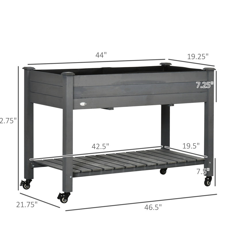 Lit de jardin surélevé en bois avec roues, 47 po x 22 po x 33 po, gris foncé - avec tablette de rangement et doublure pour lit de patio, tablette verrouillable