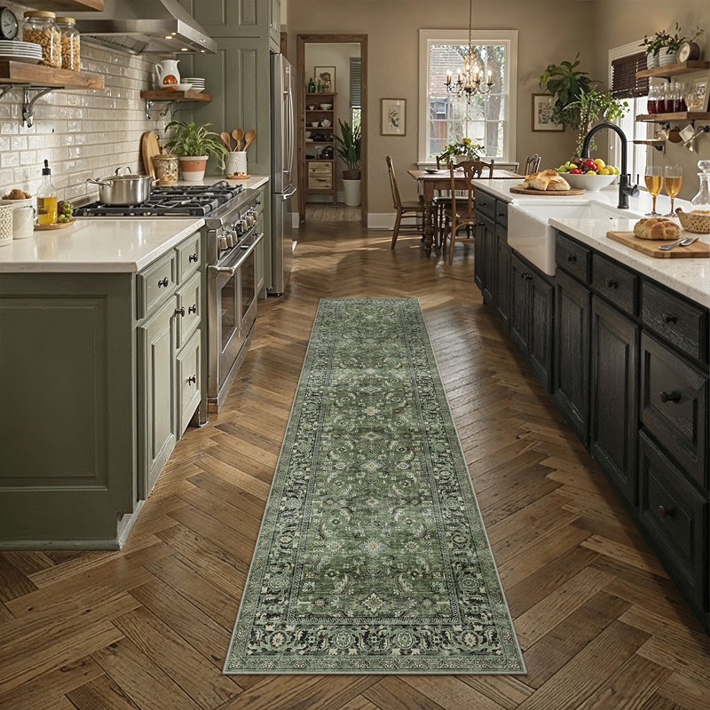 Tapis oriental rétro vert, Tapis de couloir 2 pi 3 po x 7 pi 6 po