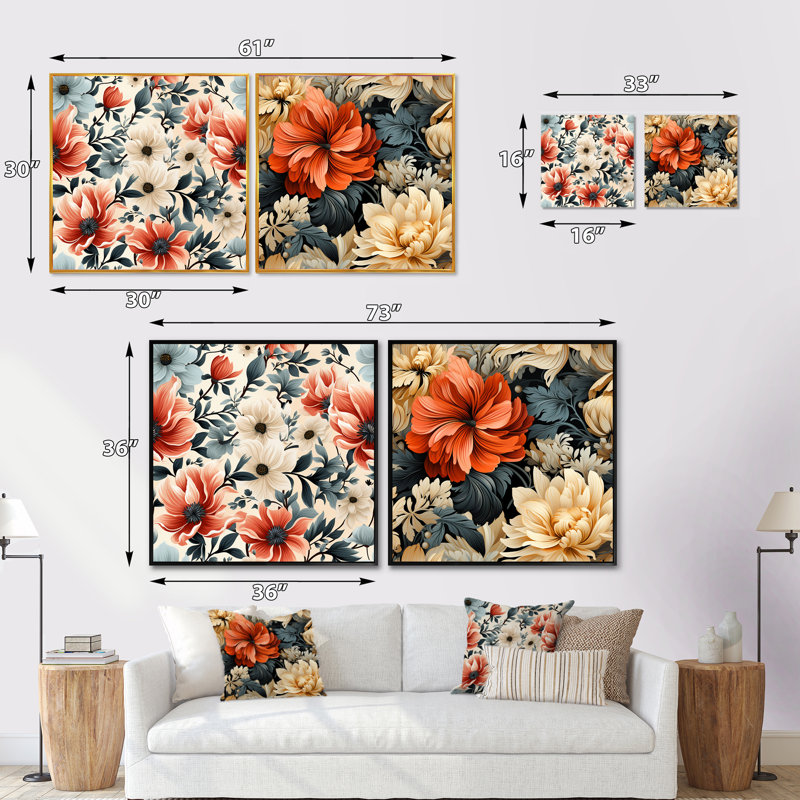Pompa - Ensemble de 2 collages floraux carrés, Cadre flottant noir, H 16 po x l 33 po