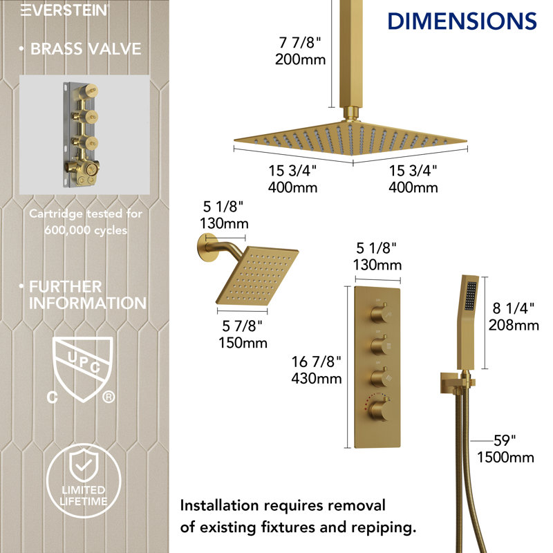 Thermostatic Shower Faucet System, Ceiling Mount High-Pressure Rainfall Dual Shower Head with Rough-In Valve, Brushed Gold