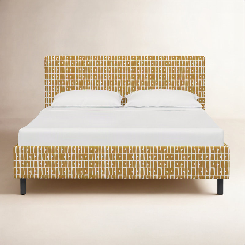 Avila Upholstered Platform Bed, King, Bloc Panel Mustard