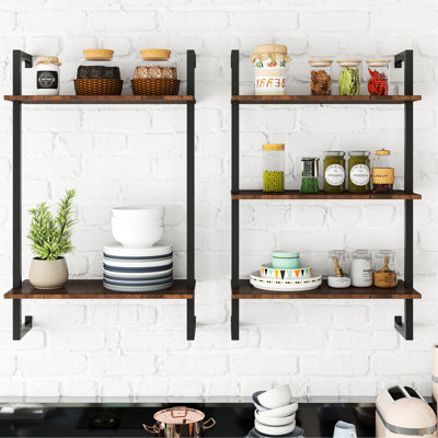 Multifonctionnel à 3 niveaux et 2 tablettes en bois fixées au mur en métal pour les accessoires de salle de bain