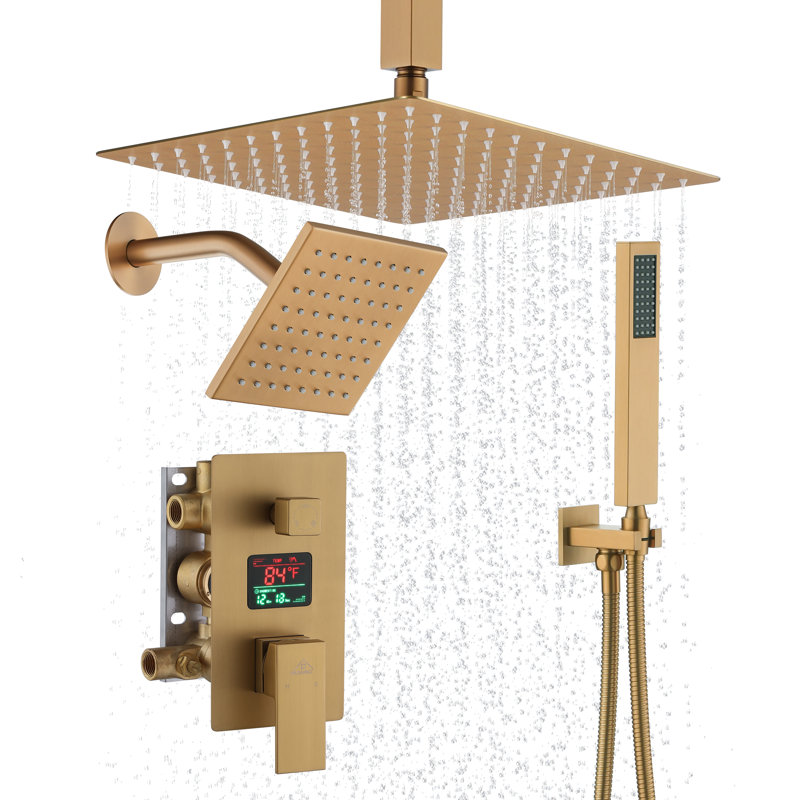 Rainfall Symphony Dual Shower Head Pressure-Balanced Complete Shower System with Digital Display, Brushed Gold