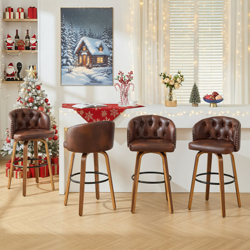 Counter Height Swivel Bar Stools With Water-Resistant Upholstered Seat Wide Backrest And Wooden Legs (Set of 4), Brown