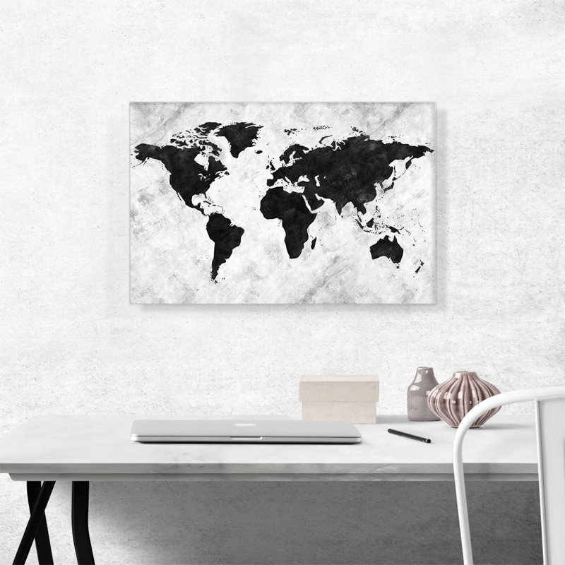 Carte du monde noir et blanc - impression sur toile tendue, H 18 po x l 26 po x P 1,5 po