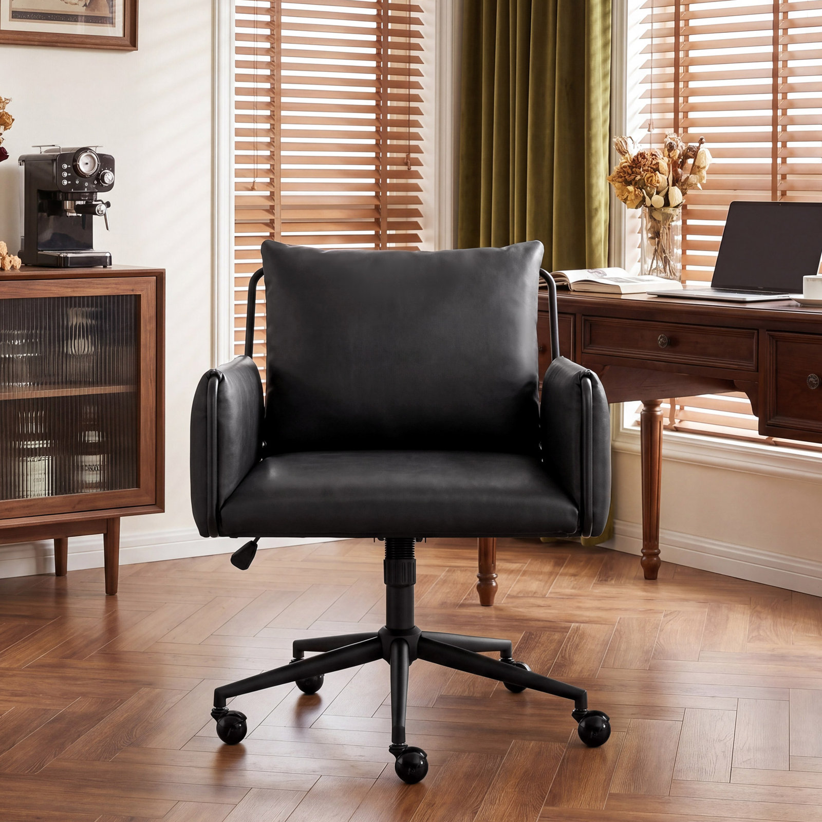 Arianna Upholstered Swivel Office Chair, Black Seat/ Black Frame