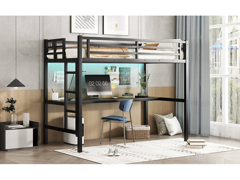 Lit mezzanine simple en métal de taille XL avec prise de courant et éclairage à DEL, peu encombrant, noir