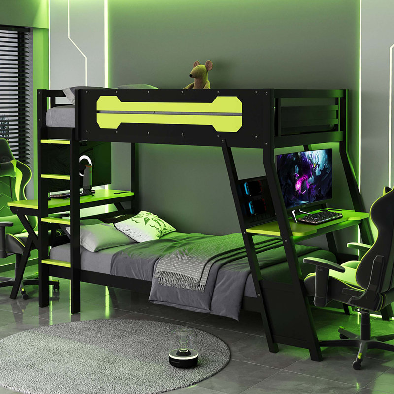 Twin Size Bunk Bed with Two Built-In Gaming Desks, USB Desktop Ports & Pegboard Organizer, Gaming Bunk Frame for Gamer, Green