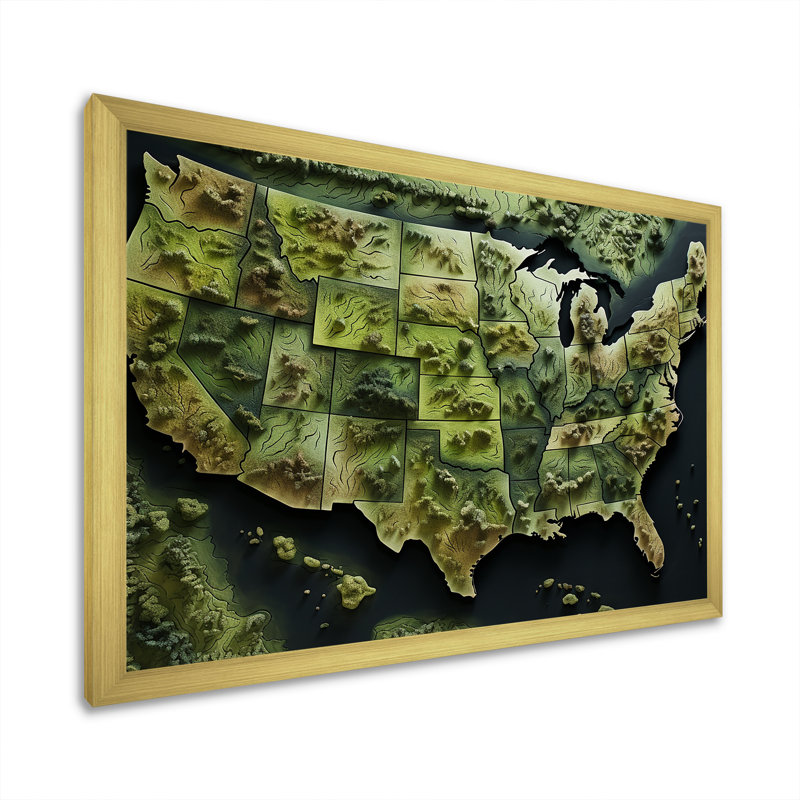 «USA Map Eco Expanse», reproduction d'art sur toile, H 16 po x l 32 po x P 1 po, Cadre doré simple
