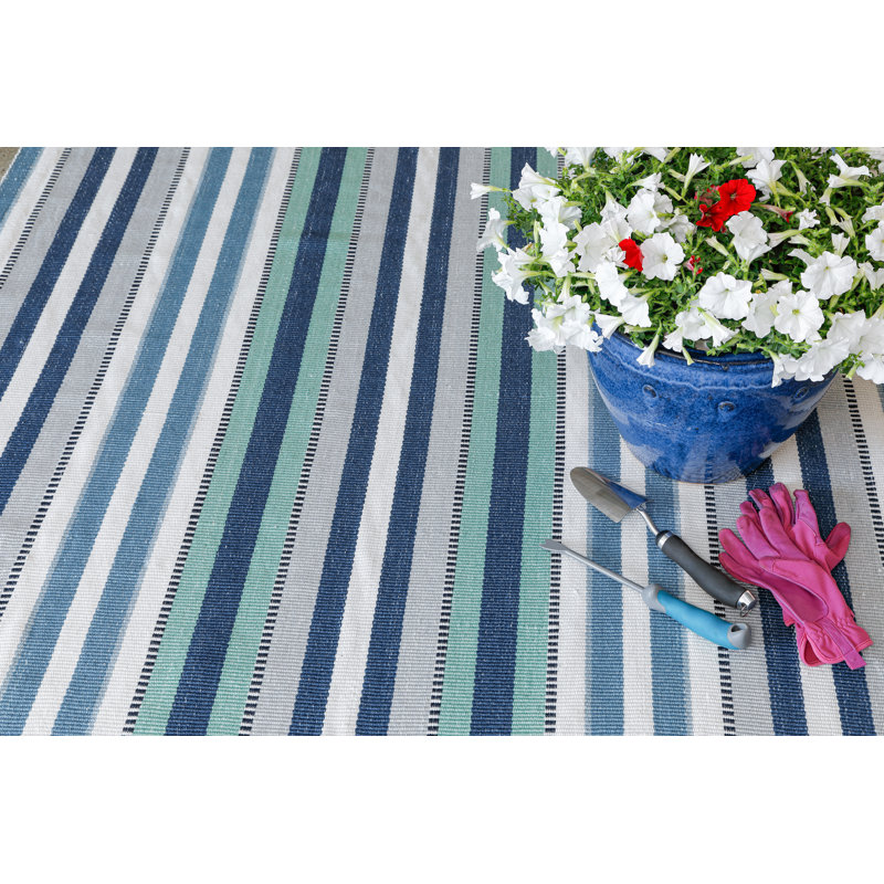 Tapis d'intérieur / extérieur en PET recyclé bleu / bleu sarcelle / ivoire Bristol, Rectangulaire 9 pi x 13 pi