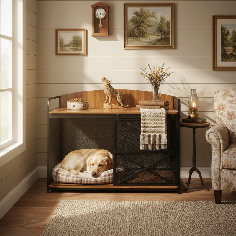 Table de bout robuste pour chien avec porte coulissante 42,8 po, Brun