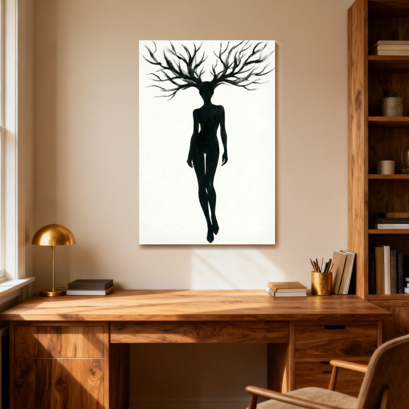Silhouette abstraite femme avec une tête de branches d'arbres, H 40 po x l 28 po