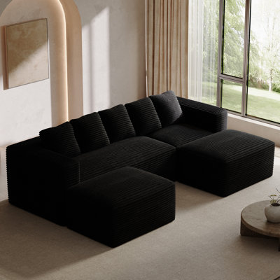 Canapé d'angle modulaire en velours côtelé en forme de U de 105 pouces avec deux poufs et assises profondes