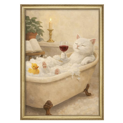 Cozy Cat Bath with Wine Relaxing Bathroom Scene Whimsical Animal Wall Decor for Bathroom Bedroom Framed Wall Art 26"x36"