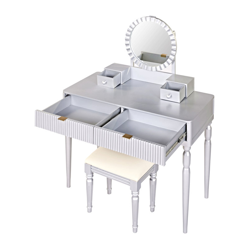 Ensemble de coiffeuse de luxe avec miroir rond, hauteur réglable, coiffeuse, 4 tiroirs et tabouret