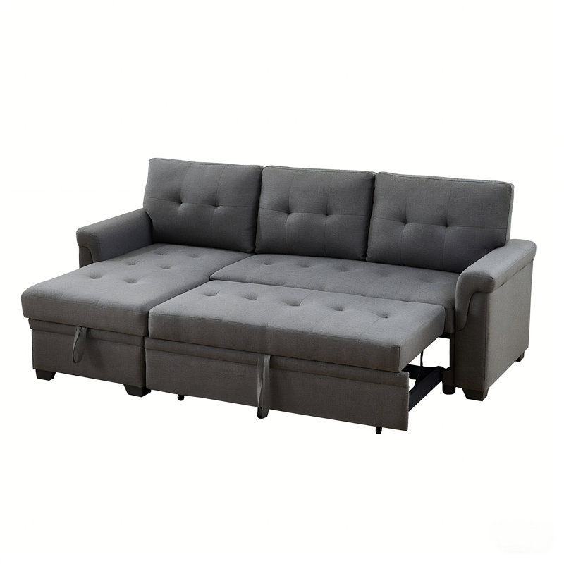 84" Linen Reversible Sleeper Sectional Sofa With Storage Chaise, Dark Gray