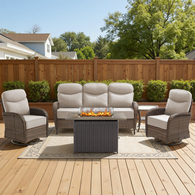 5 - Person Fire Pit Outdoor Wicker Conversation Furniture Set With 6" Cushions, 55,000 BTU Propane Table, Beige
