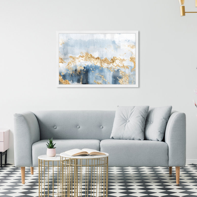 «Blue and Gold Abstract Shade Glam», reproduction d'art moderne encadrée pour le salon, H 22 po x l 22 po, Cadre blanc