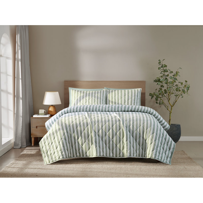 Brooklyn Loom Levi Stripe Quilt Set, White/Sage Green, Queen Quilt + 2 Standard Shams