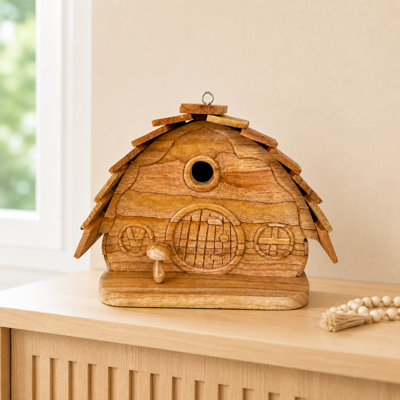 Teak Wood Hanging Birdhouse with Hand-Carved Mushroom Cottage Design – Artisan-Crafted