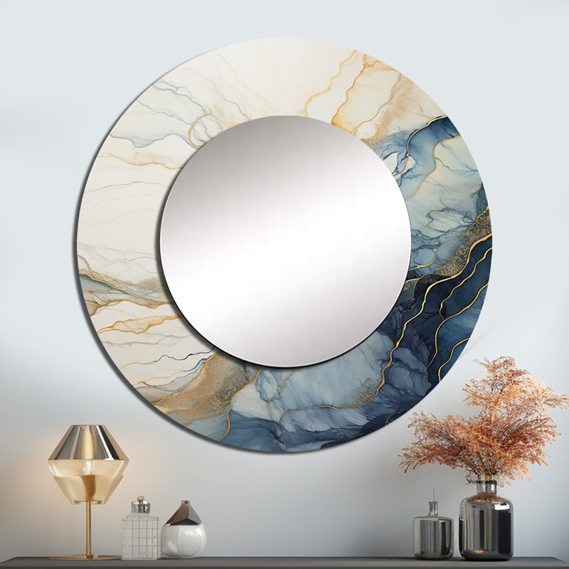 Beige minimalisme Calm River Forest II - miroir de rivière, miroir mural décoratif rond traditionnel, impression d'art en métal