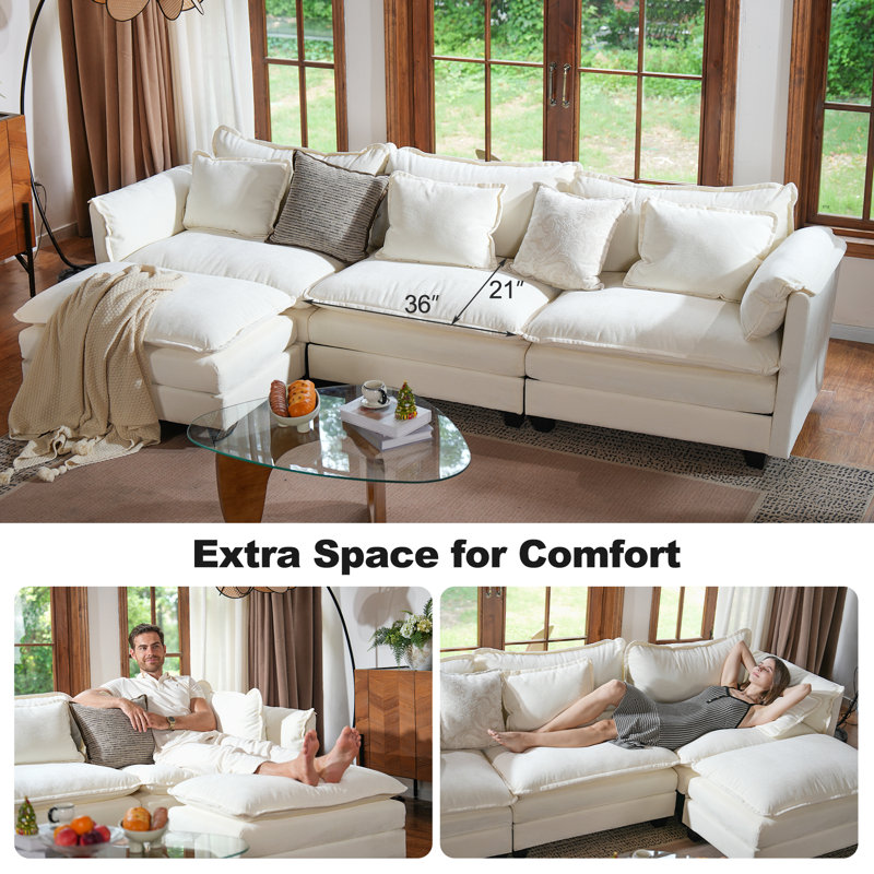 5-Piece 153'' L-Shaped Comfy Cloud Modular Sectional Sofa With Removable Ottomans-Chenille Fabric-Beige, Beige Chenille