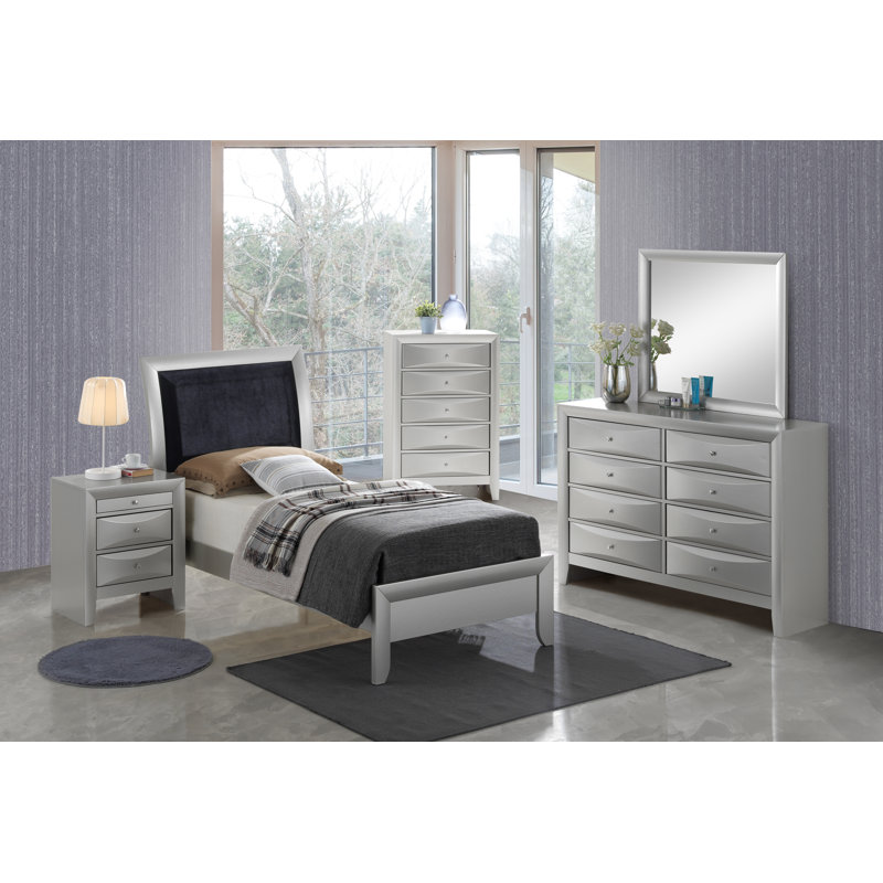 Marilla Vegan Leather Sleigh Bed, Twin, Silver