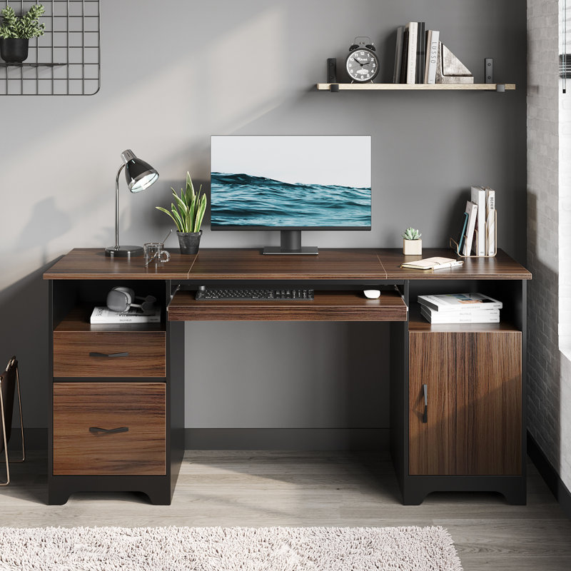 Daylie 59''  Executive Desk with File and Storage Drawers and Cabinet, Computer Writing Desk with Keyboard Tray and 2 Open Compartments for Home Office