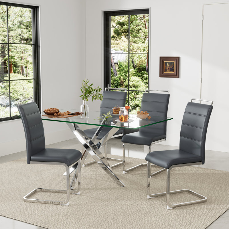 Ensemble de salle à manger 5 pièces, table de salle à manger rectangulaire en verre trempé 63 po et 4 chaises, Gris
