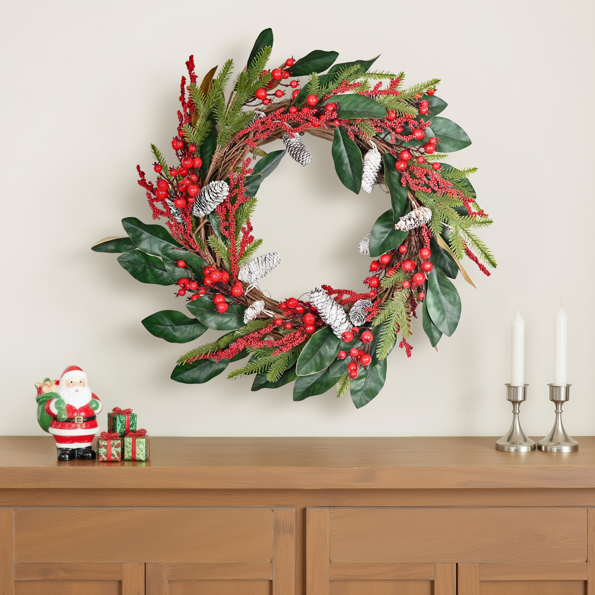 24" Farmhouse Artificial Foliage Pinecone Berry Winter Christmas Wreath For Front Door