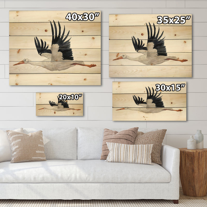 Cigogne volante, cigogne blanche, reproduction traditionnelle sur bois de pin naturel, H 30 po x l 40 po x P 0,78 po